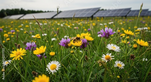 Fototapeta Naklejka Na Ścianę i Meble -  A vibrant meadow with wildflowers and solar panels in the background. A bee collects nectar from a flower