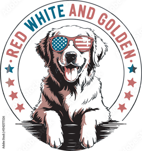 Red White And Golden Retriever Dog Wearing American Flag Sunglasses Patriotic Illustration