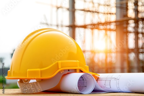 Yellow Hard Hat and Rolled Architectural Blueprints Resting on Wooden Surface with Blurred Construction Site Background Sunlit Setting