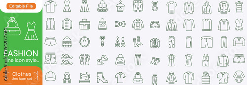 Set of line icons related to fashion, sewing, and clothing. Outline icon collection. clothes and cloth elements - minimal thin line web icon set. Outline editable icons collection. Dress,polo t-shirt
