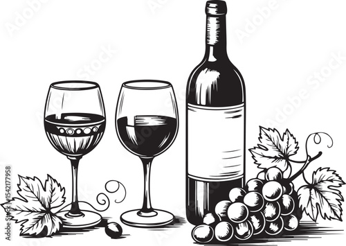 Elegant Wine Still Life Grapes, Bottle, and Glasses