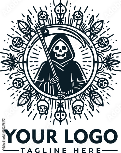 Grim Reaper illustration in a circle frame with skulls, leaves, and rays, holding a scythe.
