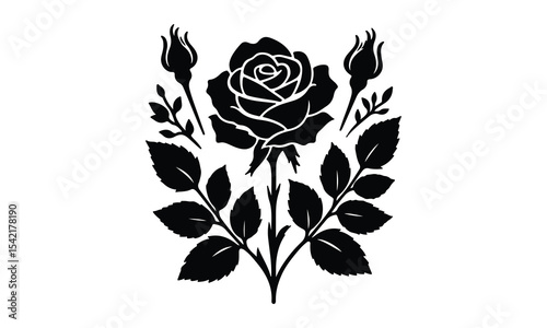 Rose Silhouette, Elegant Rose Silhouette Isolated on White Background