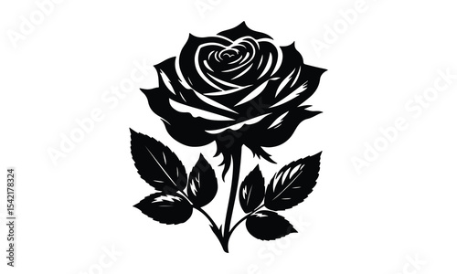 Rose Silhouette, Elegant Rose Silhouette Isolated on White Background