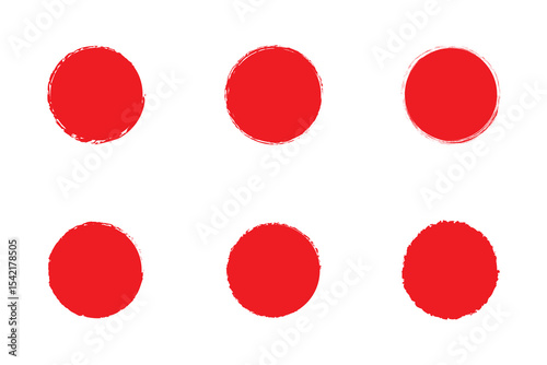 Japanese red circle painted with brush. Chinese sun with textured stroke. Set of round stamps in grunge style.