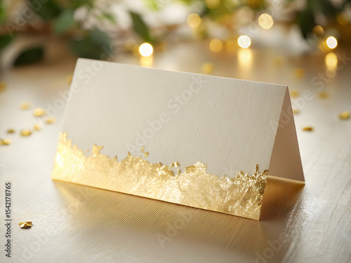 Cream and gold foil place card with realistic shadow play