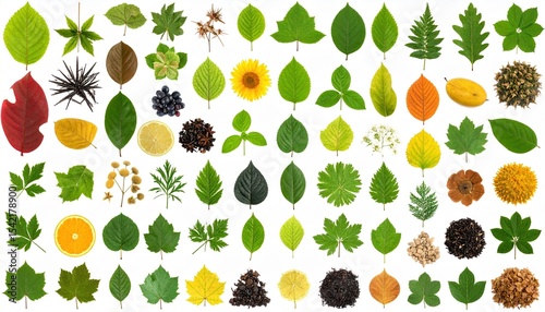 An assortment of flora, including leaves, fruits, and flowers, arranged in a flat lay on white