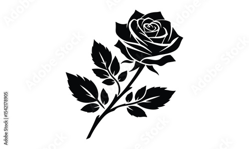 Rose Silhouette, Elegant Rose Silhouette Isolated on White Background
