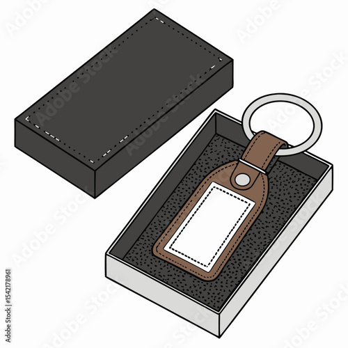 Brown leather keychain with blank tag presented in a dark gift box