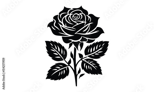 Rose Silhouette, Elegant Rose Silhouette Isolated on White Background