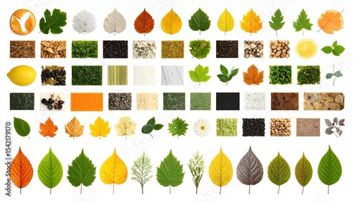 Photorealistic collection of diverse leaves and natural textures isolated on a clean white backdrop.