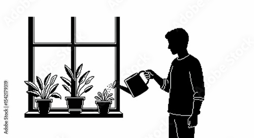 A Person using a small watering can to water houseplants on a windowsill