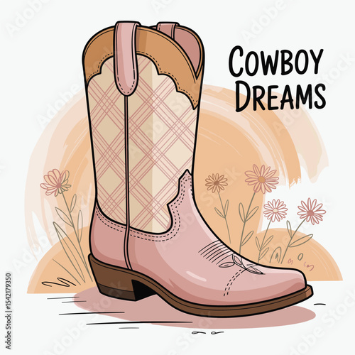 Cowgirl Boots with pink Ribbon Bow Hand Drawn Doodle