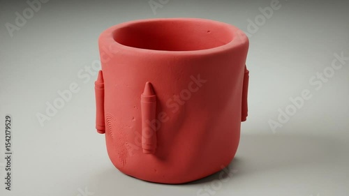 Red silicone cup with crayon handles on gray backdrop