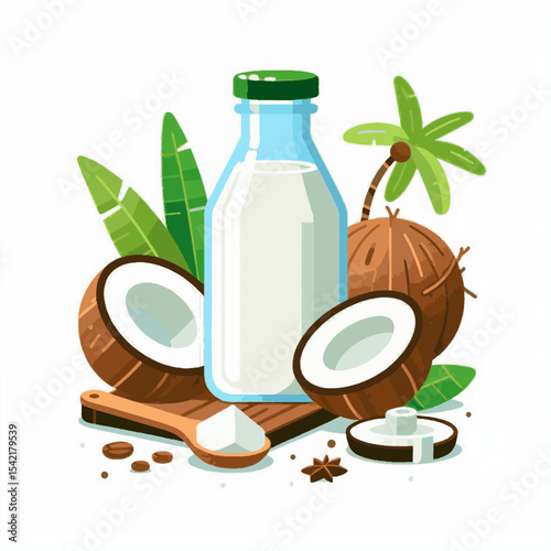 Coconut milk bottle with coconuts leaves  spices arranged on a wooden cutting board