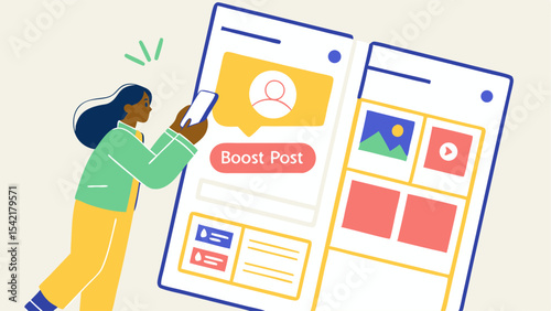 Illustration of a woman holding a smartphone next to a social media post with boost post button visible