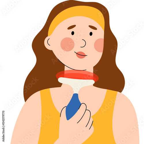 Young woman using a LED facial tool on her neck. The device emits red light, promoting skincare, anti-aging and rejuvenation. Flat style illustration of modern beauty treatment, self-care routine.