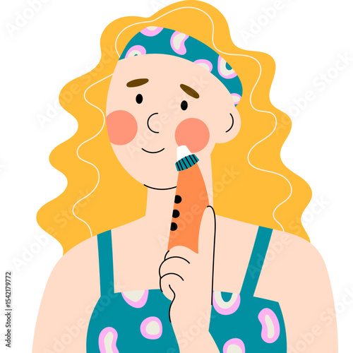 Woman using a pore vacuum cleaner on her face. Skincare routine for deep cleansing, removing blackheads and minimizing pores. Flat style illustration representing beauty tools, self-care