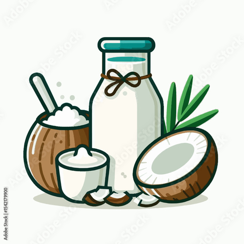 Coconut products coconut milk in bottle half coconut coconut flakes and a small bowl of cream