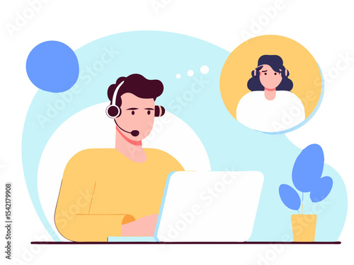 Hotline Support Agent - Man with Laptop & Headphones Vector Illustration