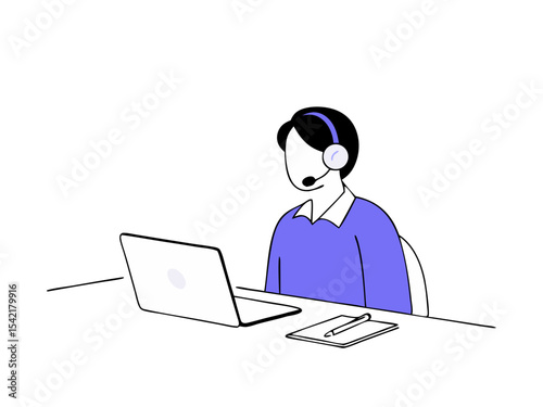 Call Center Agent with Laptop - Customer Support Vector Illustration