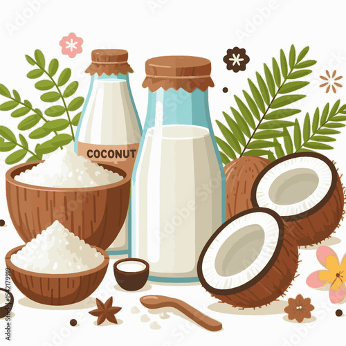 Coconut products art milk bottles bowls of flakes halved coconuts leaves  flower elements on a white backdrop