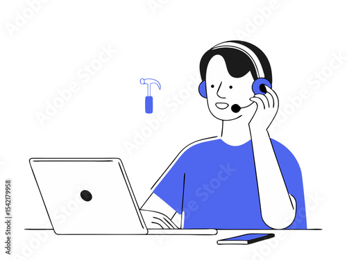 Call Center Agent with Laptop - Customer Support Vector Illustration