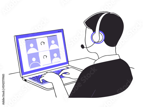 Call Center Agent with Laptop - Customer Support Vector Illustration