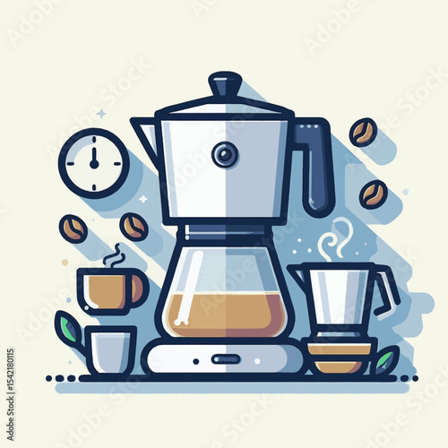 Coffee maker scene a stylish kettle coffee cups beans and a clock on a light background