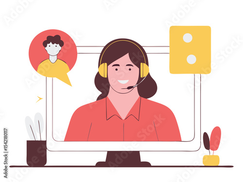 Vector illustration of a call center operator wearing a headset, representing customer service, communication, and support services. Perfect for customer support platforms, call centers