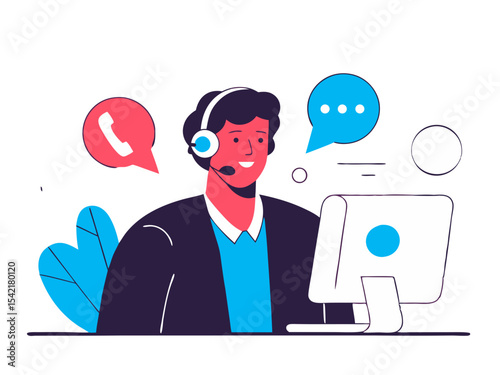 Vector illustration of a call center operator wearing a headset, representing customer service, communication, and support services. Perfect for customer support platforms, call centers