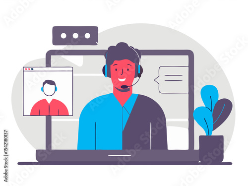 Vector illustration of a call center operator wearing a headset, representing customer service, communication, and support services. Perfect for customer support platforms, call centers