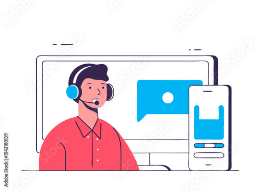 Vector illustration of a call center operator wearing a headset, representing customer service, communication, and support services. Perfect for customer support platforms, call centers