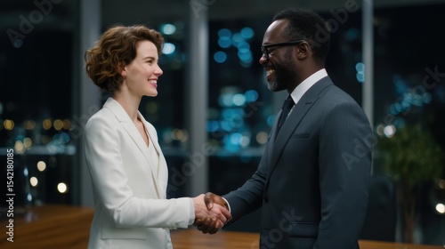 Two diverse businesspeople shake hands finalizing the deal in a modern office at night against bokeh city lights showcasing professional success agreement