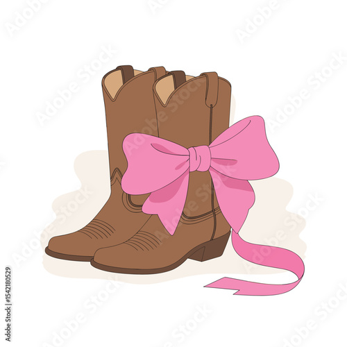 Cowgirl Boots with pink Ribbon Bow Hand Drawn Doodle