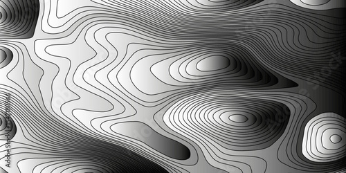Black and white wavy paper curve relief abstract topographic map background. Geographic mountain relief. Topographic map lines, contour background. Abstract wave lines background. Vector illustration.