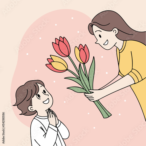 A child lovingly presents a bouquet to their mother, capturing the warmth, innocence, and care of childhood emotions.
