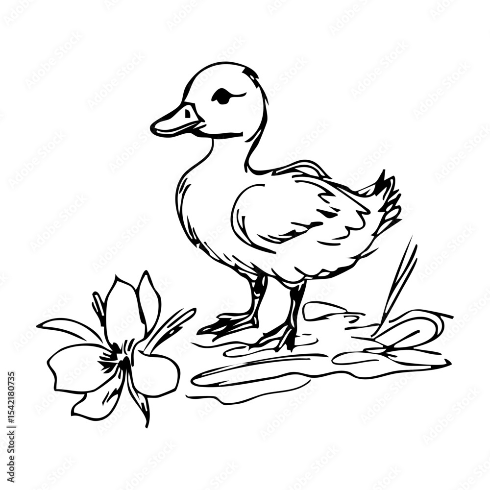 Fototapeta premium duckling in puddle with flower, hand drawn vector ink sketch in whimsical spring scene, coquette animal character, concept of children books, baby room wall art, easter decor