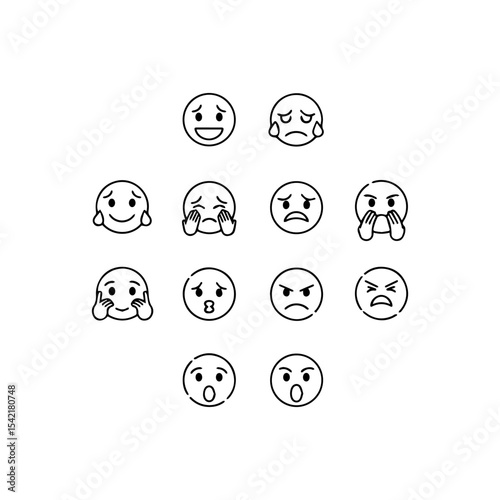 Collection of lineart emoji faces arrayed in an organized pattern