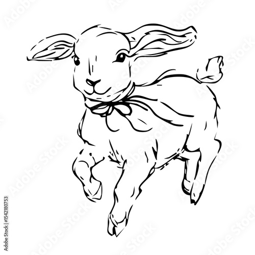 vector ink drawing of a joyful lamb running with a bow, hand drawn in a whimsical coquette style, perfect for spring baby decor, easter cards, and storybook illustrations