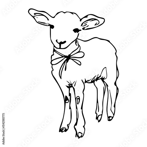 vector line drawing of a standing lamb with a decorative bow around its neck, in a whimsical coquette style, perfect for spring nursery art, greeting cards, easter prints, or children's decor