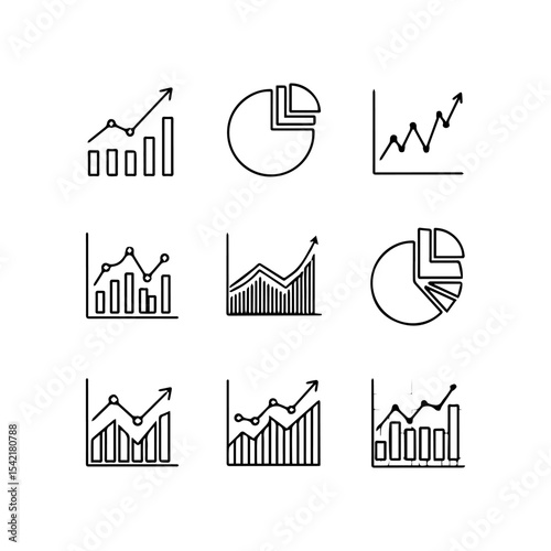 Collection of nine handdrawn blackline graphics depicting diverse chart types for data visualization