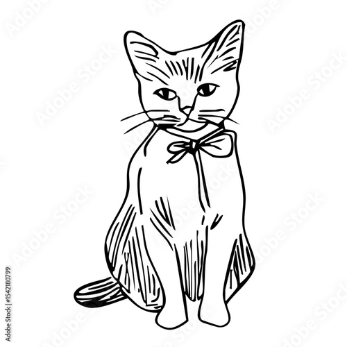 a hand drawn vector illustration of a sitting kitten with a bow around its neck, in a charming coquette and vintage style, ideal for easter crafts, children's prints, greeting cards, and spring decor