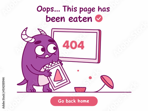 Playful website error concept featuring purple monster and silly eaten page message display
