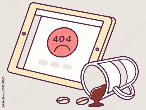 Page not found error displayed on digital tablet beside spilled coffee cup