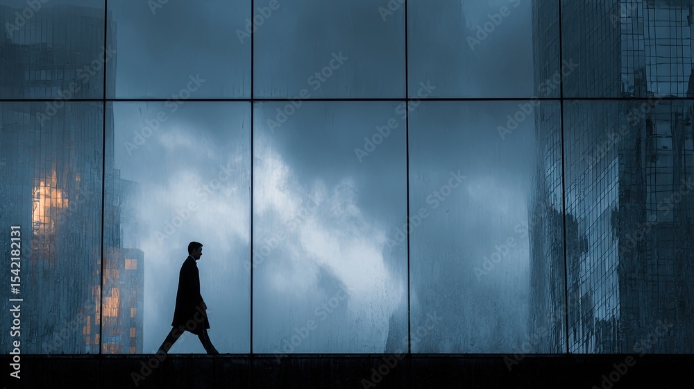Fototapeta premium A silhouette of a person walking against a large glass building reflecting a cloudy, moody sky at dusk.