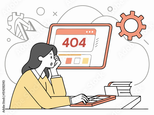 Female web developer facing unexpected error message on screen with large 404 alert notification