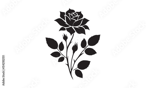 Rose Silhouette, Elegant Rose Silhouette Isolated on White Background