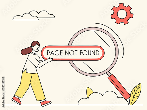 Magnifying glass zooming in on page not found banner with bold message