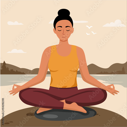 Flat vector illustration of a person in full-body lotus yoga pose sitting peacefully on stacked zen stones near a calm lake. Surrounded by floating lotus petals and soft sunrise background. 